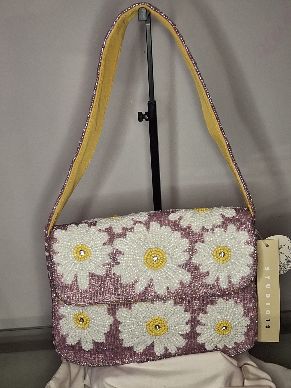 Beaded Daisy Shoulder Bag - Pink, White & Yellow